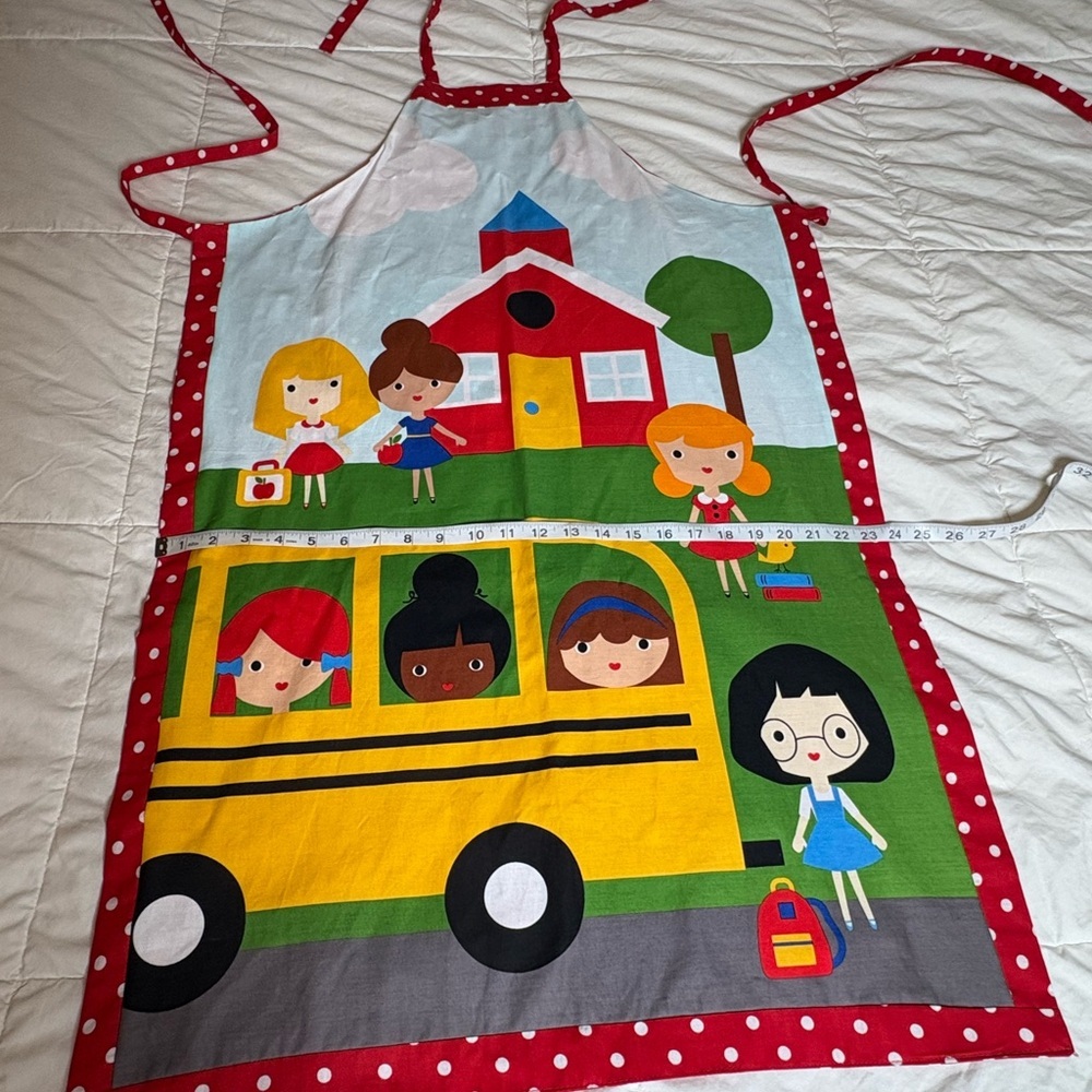 Colorful School House and School Bus Themed Apron with Polka Dot Background - Picture 8 of 10